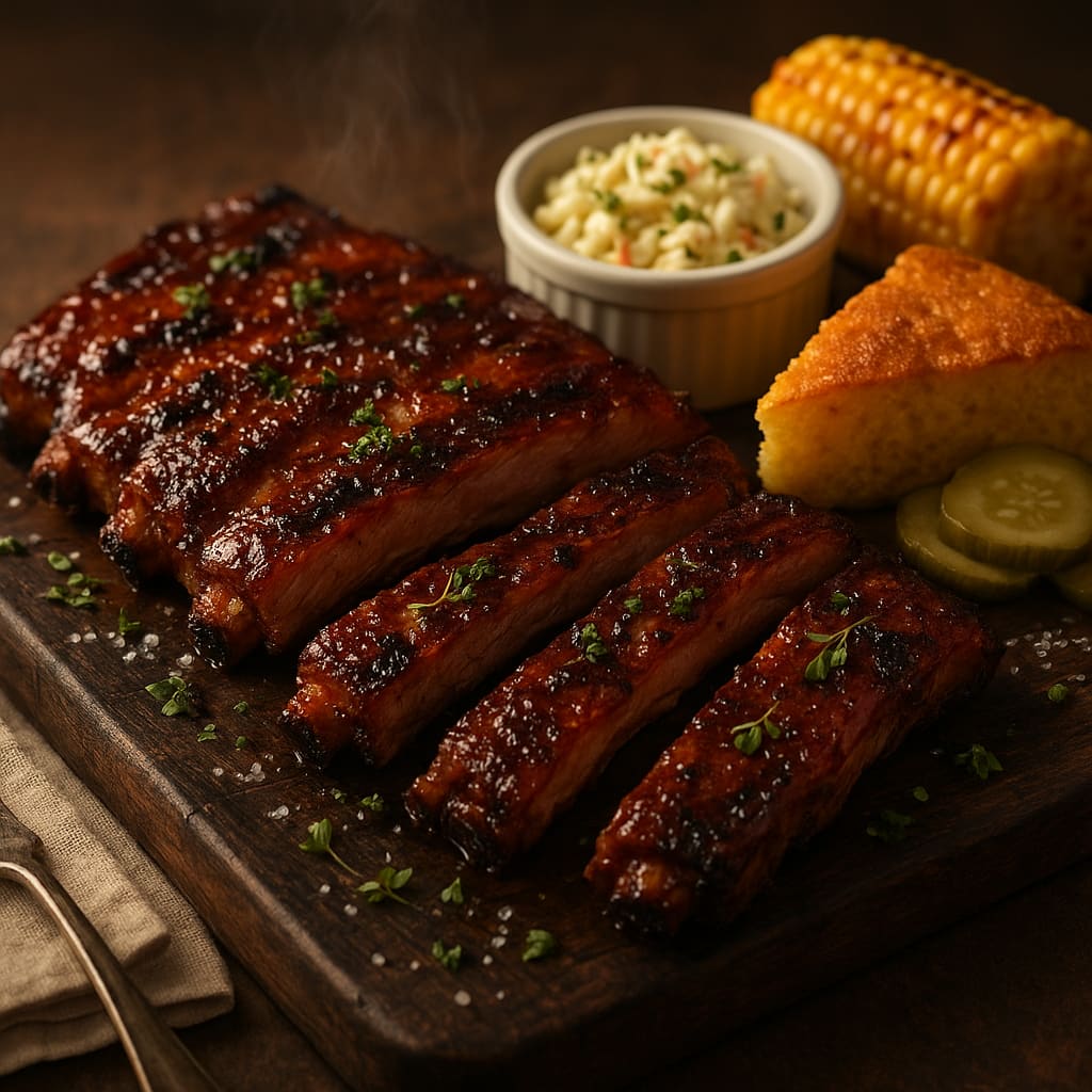 BBQ Ribs auf Holzbrett